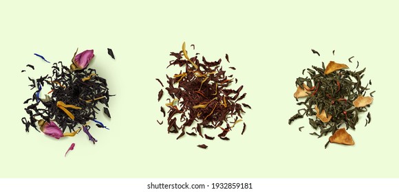 Tea heaps top view, assortment of dry leaves and flowers isolated on background. Red, green, black herbal dried fresh beverages. Healthy, organic drink, Realistic 3d vector illustration, set