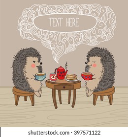 Tea hedgehogs. Talking friends. Vector for design.