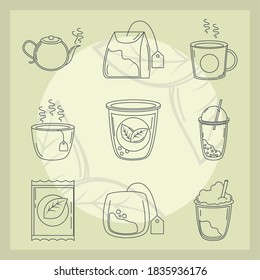 té, herbolario de hervidor de productos paquete de hojas tazas e iconos de azúcar línea estilo vectorial ilustración