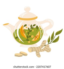 Tea with herbs, citrus and ginger. Mug with tea berries leaves. Hot natural drink for health. Pharmacist of natural wellness poster, organic, herbal tea, orange slices and herbs. Vector illustration