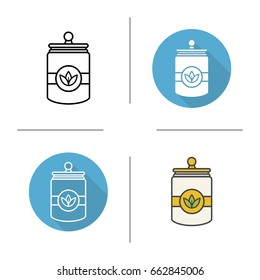Tea and herbs jar icon. Flat design, linear and color styles. Isolated vector illustrations