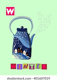 Tea history. Cute cartoon english alphabet with colorful image and word. Kids vector ABC on white background. Letter W. Winter.