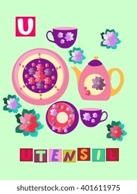 Tea history. Cute cartoon english alphabet with colorful image and word. Kids vector ABC on green background. Letter U. Utensil.