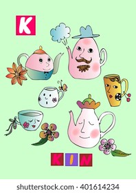 Tea history. Cute cartoon english alphabet with colorful image and word. Kids vector ABC on green background. Letter K