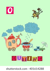 Tea history. Cute cartoon english alphabet with colorful image and word. Kids vector ABC on  green background. Letter O