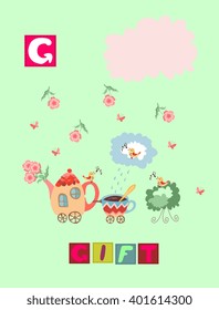 Tea history. Cute cartoon english alphabet with colorful image and word. Kids vector ABC on green background. Letter G
