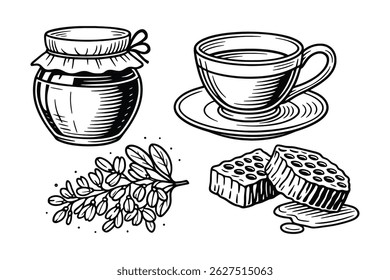 Tea, Honey Jar, Honeycomb Sketch Illustration