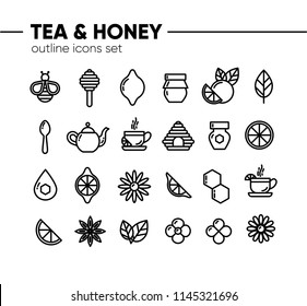 Tea and honey outline icon set with honey bee, cup of tea, kettle, spoon, lemon, honey jar, camomile. Suitable for branding, coffee shop, restaurant, menu, beekeeping, banner, card. Vector, eps 10