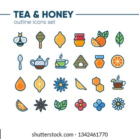 Tea and honey outline icon set with honey bee, cup of tea, honey jar. Suitable for branding, coffee shop, restaurant, menu, beekeeping, banner, card. Colorful icons. Vector with editable stroke.