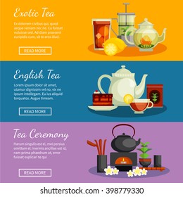 Tea horizontal banners set with English and exotic tea symbols flat isolated vector illustration 