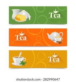 Tea horizontal banners set with porcelain service isolated vector illustration