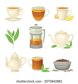 Tea as Hot Aromatic Beverage Preparation Brewing in Teapot and Poured in Cup Vector Set