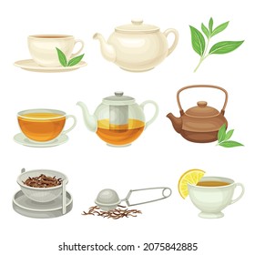 Tea as Hot Aromatic Beverage Preparation Brewing in Teapot and Poured in Cup Vector Set