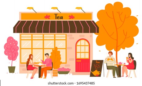 Tea house in autumn city with tables outdoors and people drinking hot tea with teapot and teacups cartoon vector illustration. Tea shop degustation of green, chinese, matcha sorts of drink.