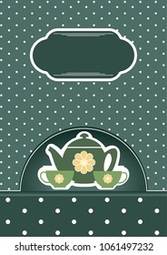 Tea house card. Illustration of cups and teapot. Vector menu template.