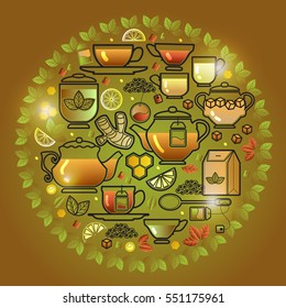 Tea house card. Round frame with cup, leaf, lemon,  pot and ginger on green background. Vector template.