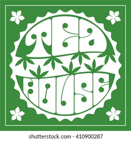 Tea house concept. Tea  house or shop logo. Jasmine Green tea. Organic hot drink label design. Green tea leaves isolated. Jasmine flower. Herbal Tea shop emblem isolated concept. Vector illustration