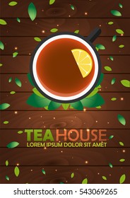 Tea house. Cup of tea with lemon. Wooden background. Vector illustration