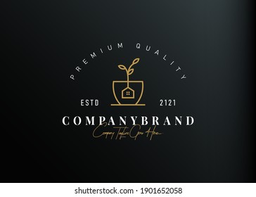 Tea House Logo Design Inspiration. Tea Cup Vector Illustration with Tag of Tea House and Tea Seeds. Modern Icon Design Vector Template with Outline Style