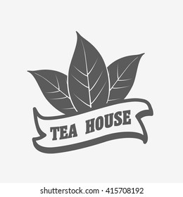 Tea house. Logo, label or badge vector template with two tea leaves