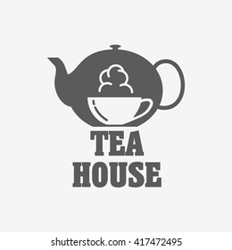 Tea house logo or label design template with tea pot and cup.
