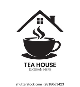 Tea House logo presents a classic steaming tea cup framed inside a charming domestic house icon. This friendly, inviting design is perfect for specialty tea rooms, artisan beverage bars, organic tea lounges, or family-owned cafes looking to establish a warm, welcoming, and community-oriented brand presence.