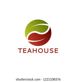 Tea house logo. Shop, store, cafe icon. Feng Shui or yin and yang leaves metaphor icon. Organic, natural, fresh, eco.