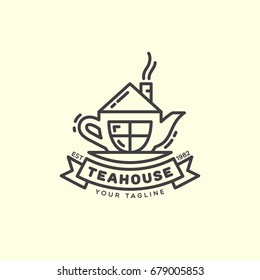 Tea house logo template design in outline style. Vector illustration.