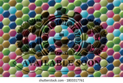 tea icon and available soon text Colorful realistic badge. Hexagon classic background. Intense illustration. 
