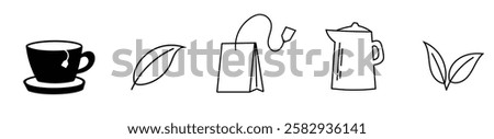 tea icon tea bag leaf and cup of tea doodle hand drawing