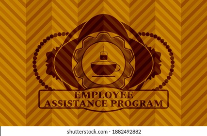 Tea Icon And Employee Assistance Program Text Orange Color Realistic Badge. Geometric Luxurious Background. Illustration. 