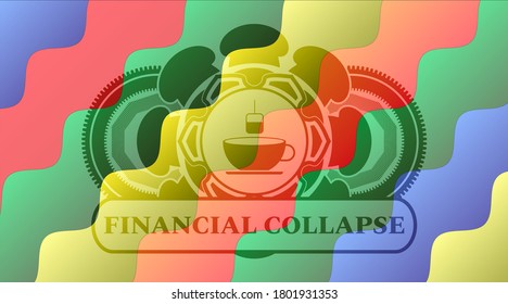 tea icon and Financial Collapse text Colorful multicolored emblem.Curvy delicate background. Vector illustration. 