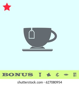 Tea icon flat. Grey pictogram on blue background. Vector illustration symbol and bonus buttons medal, cow, earth, eye, calculator