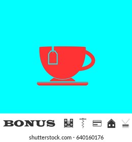 Tea icon flat. Red pictogram on blue background. Vector illustration symbol and bonus buttons Music center, corkscrew, credit card, house, drum