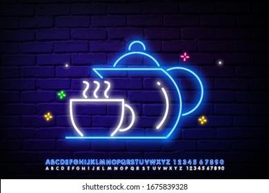 Tea icon. Tea icon neon light glowing vector Illustration. Illustration of a neon sign for a tea icon. Icon of a Cup and kettle of tea.