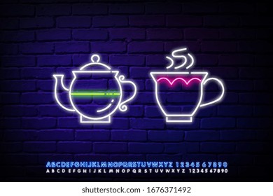 Icono de té. Icono de té neón luz brillante vector Ilustración. Ilustración de un signo de neón para un icono de té. Icono de una Copa y hervidor de té.