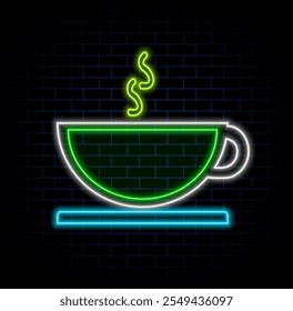 Icono de té. Icono de té de luz de neón brillante Ilustración vectorial. Ilustración de un letrero de neón para un icono de té. Icono de una taza y tetera de té.