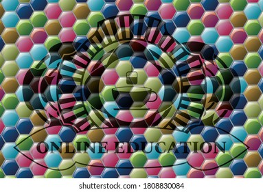 tea icon and ONLINE EDUCATION text Colorful candy realistic badge. Hexagon luxurious background. Illustration. 