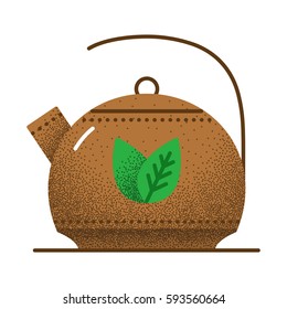 Tea icon retro texture. Brown kettle for green tea with two green leaves. Vintage vector illustration. Herbal tea icon on white background.