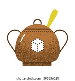 Tea icon retro texture. Sugar bowl with spoon inside. Vintage vector illustration