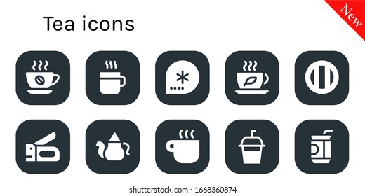 conjunto de iconos de té. 10 iconos llenos de té. Incluye café, invierno, té, refresco, grapadora, tetera, iconos de los vasos del café