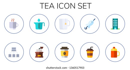 tea icon set. 10 flat tea icons.  Collection Of - coffee cup, offices, water pot, coffee grinder, hot drink, coffee, brochette, Cup, office, thermo