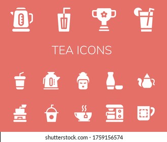 tea icon set. 14 filled tea icons. Included Kettle, Drink, Cup, Coffee grinder, Soda, Tea, Geisha, Coffee maker, Sake, Mug, Teapot icons