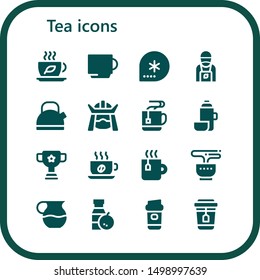 tea icon set. 16 filled tea icons.  Collection Of - Tea, Cup, Winter, Barista, Kettle, Samurai, Mug, Thermo, Juice, Coffee