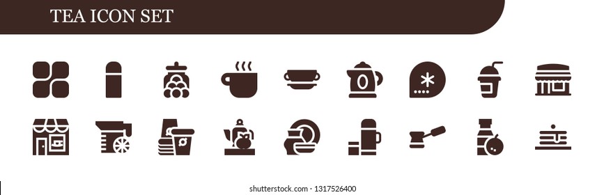 tea icon set. 18 filled tea icons.  Simple modern icons about  - Mozy, Thermo, Candy jar, Coffee cup, Cup, Kettle, Winter, Smoothie, Restaurant, Coffee shop, Juice, Paper cup