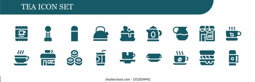 tea icon set. 18 filled tea icons.  Simple modern icons about  - Coffee, Cup, Thermo, Kettle, Pancake, Juice, Coffee shop, Tea, Sushi, Soda, Scone