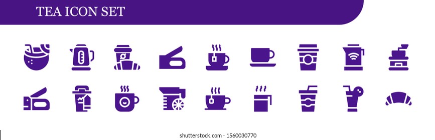 tea icon set. 18 filled tea icons.  Collection Of - Coconut drink, Kettle, Croissant, Stapler, Tea, Coffee cup, Coffee grinder, Juice, Cup, Soda icons