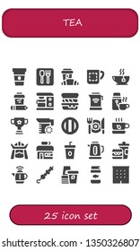 tea icon set. 25 filled tea icons.  Collection Of - Coffee, Restaurant, Croissant, Mug, Tea, Coffee maker, Scone, Kettle, Thermo, Cup, Juice, Soda, Breakfast, Samurai, Coffee shop