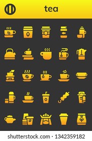tea icon set. 26 filled tea icons.  Simple modern icons about  - Tea, Soda, bag, Coffee cup, Fish food, Thermo, Kettle, Coffee, Mug, French press, Coffee grinder, Cup, Brochette