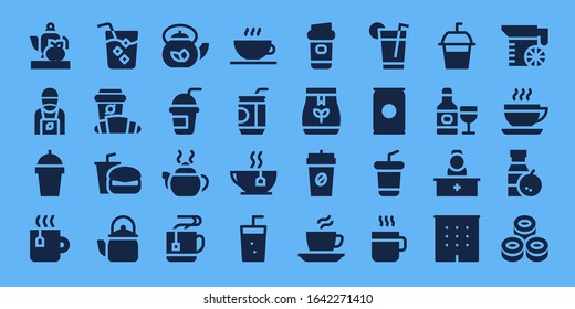 tea icon set. 32 filled tea icons. Included Teapot, Barista, Drink, Tea, Croissant, Fast food, Kettle, Smoothie, pot, Mug, Coffee shop, Soda, Coffee, bag, Reception icons